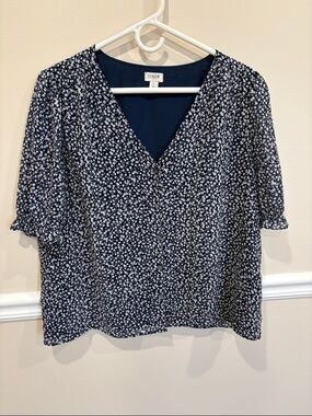 J. Crew Navy and White Floral V-Neck Button Blouse